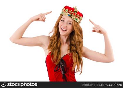 Redhead girl with crown n funny concept isolated on white