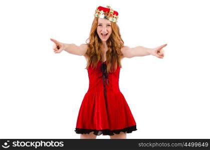 Redhead girl with crown pressing virtual buttons isolated on white
