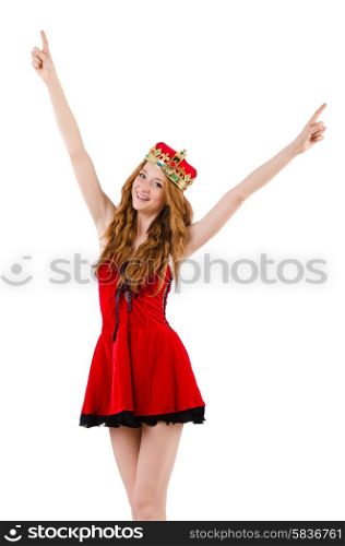 Redhead girl with crown pressing virtual buttons isolated on white
