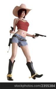 Redhead girl with two guns wears retro cowboy outfit, 3D Illustration.
