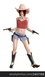 Redhead girl with two guns wears retro cowboy outfit, 3D Illustration.