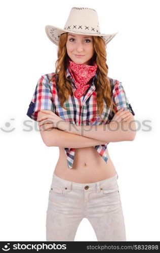 Redhead happy cowgirl isolated on white