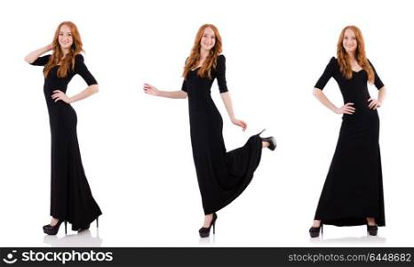 Redhead in black dress isolated on white
