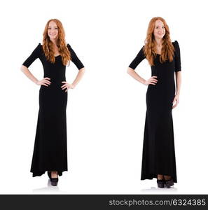 Redhead in black dress isolated on white. The redhead in black dress isolated on white