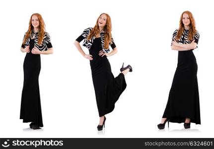 Redhead in black dress isolated on white. The redhead in black dress isolated on white