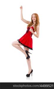 Redhead in red dress on white background
