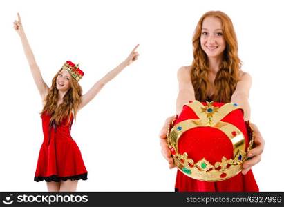 Redhead pretty girl in queen concept isolated on white. The redhead pretty girl in queen concept isolated on white