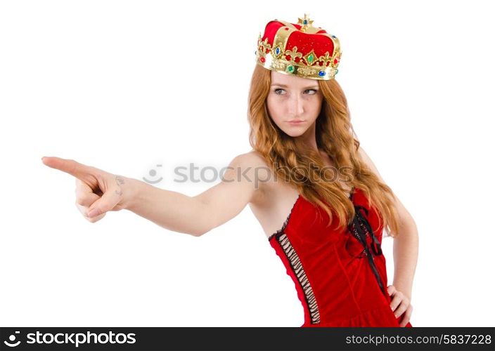 Redhead pretty girl with crown pressing virtual buttons isolated on white