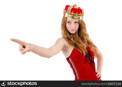 Redhead pretty girl with crown pressing virtual buttons isolated on white