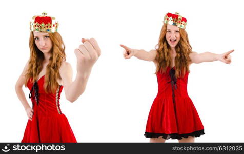 Redhead pretty girl with crown pressing virtual buttons isolated on white. Redhead pretty girl with crown pressing virtual buttons isolat