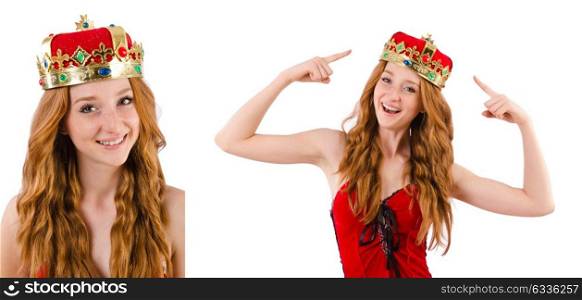 Redhead pretty girl with crown pressing virtual buttons isolated on white. Redhead pretty girl with crown pressing virtual buttons isolat