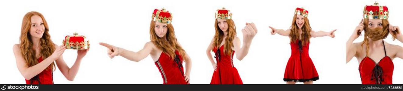 Redhead pretty girl with crown pressing virtual buttons isolated on white. Redhead pretty girl with crown pressing virtual buttons isolat