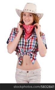 Redhead smiling cowgirl isolated on white