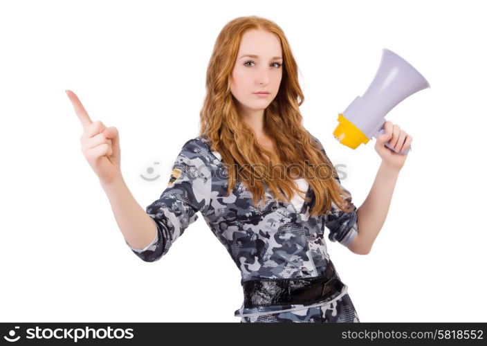 Redhead soldier with loudspeaker on white