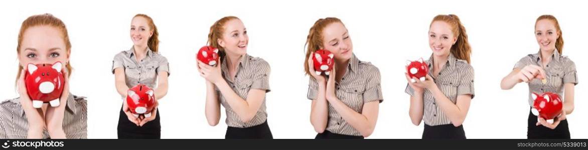 Redhead with piggybank isolated on the white