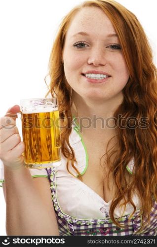 redhead woman in bavarian dress and a glass with beer. happy redhead woman in bavarian dress and a glass with beer on white background