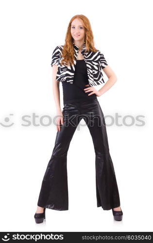 Redhead woman in black bell bottom pants on white