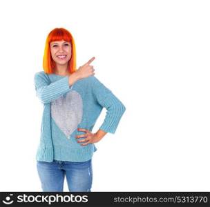 Redhead woman indicating something with her finger isolated on a white background