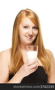 redhead woman with a glass of milk. redhead woman with a glass of milk on white background