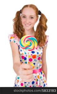 Redhead young girl with lolipops isolated on white