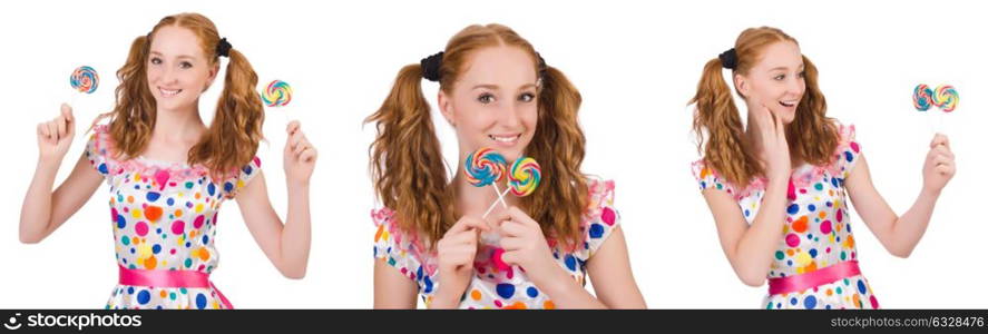 Redhead young girl with lolipops isolated on white