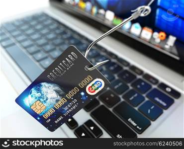 ?redit card phishing concept. Hook with credit card and laptop computer keyboard. 3d illustration