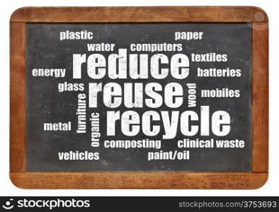 reduce, reuse, recycle word cloud on a vintage blackboard