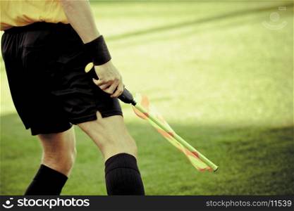 Referee standing in a soccer field with a flag