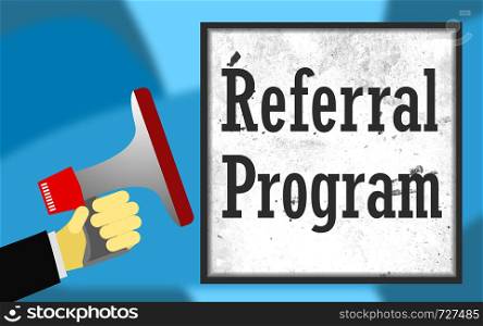 Referral program word with megaphone sound icon, 3D rendering