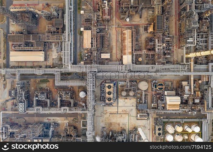 refinery industry pipeline and storage top view from drone