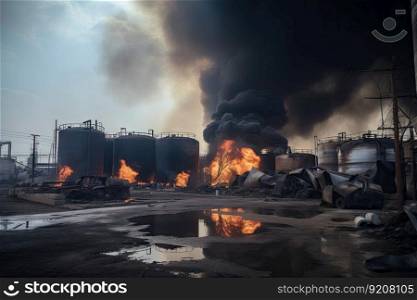 refinery, its tanks and pipelines destroyed by fire, smoke rising from the ruins, created with generative ai. refinery, its tanks and pipelines destroyed by fire, smoke rising from the ruins