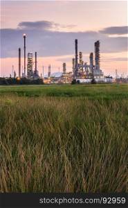 Refinery plant of a petrochemical industry with twilight