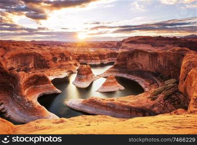 Reflection canyon in Powell lake, USA. Travel background.