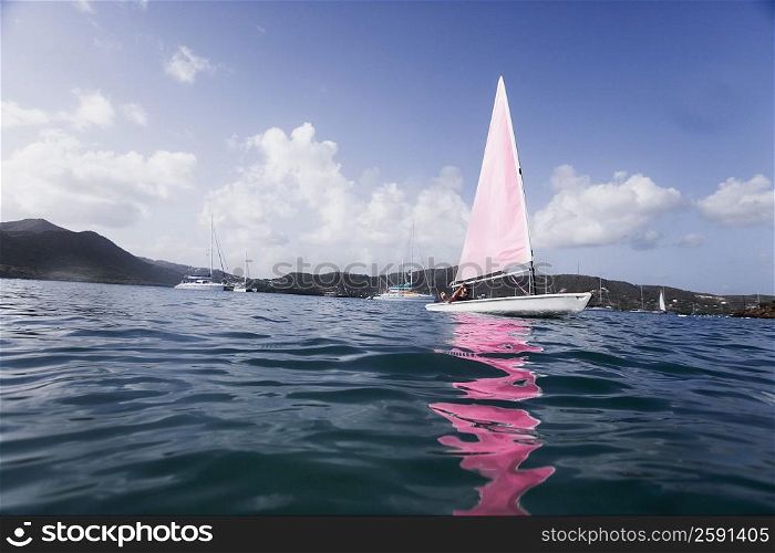 Reflection of a sailboat in water