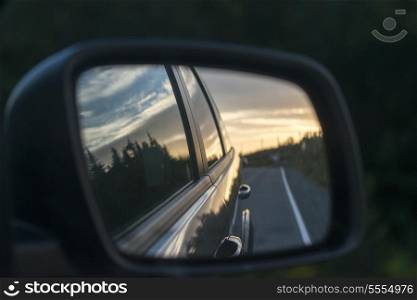 Reflection of car in a side-view mirror, Avalon Peninsula, Newfoundland and Labrador, Canada