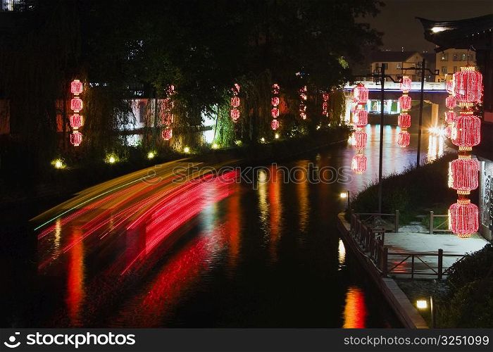 Reflection of Chinese lanterns in water, Nanjing, Jiangsu Province, China