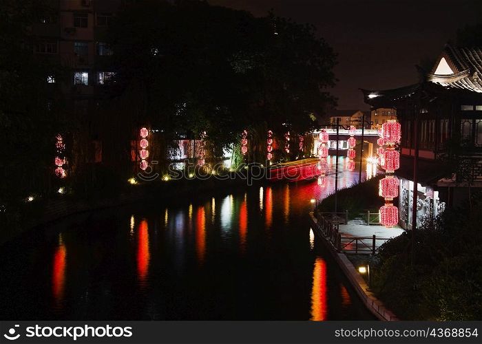 Reflection of Chinese lanterns in water, Nanjing, Jiangsu Province, China