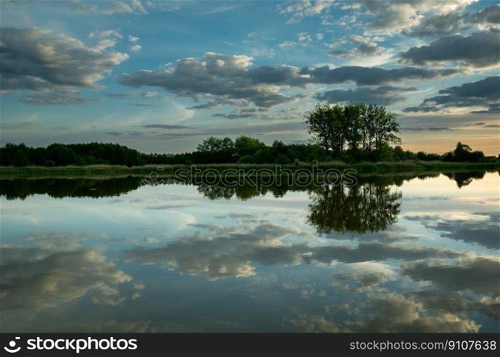 Reflection of clouds in the water and trees on the horizon, Stankow, Poland