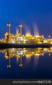 Reflection of Gas turbine power plant with blue hour