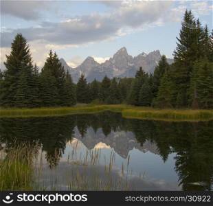 Reflection of Grand Teton and the Teton range in pond with conifer trees bordering