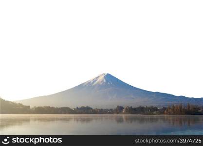 Reflection of Mountain Fuji isolated on white background near Fuji Five Lakes, Fujikawaguchiko, Yamanashi, Japan