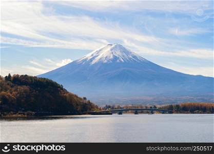 Reflection of Mountain Fuji with blue sky at noon near Fuji Five Lakes, Fujikawaguchiko, Yamanashi, Japan
