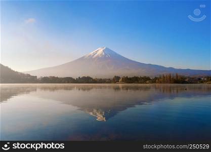 Reflection of Mountain Fuji with blue sky at sunrise near Fuji Five Lakes, Fujikawaguchiko, Yamanashi, Japan