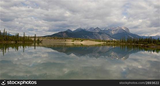 Reflection of mountains in Jasper Lake, Jasper National Park, Alberta, Canada