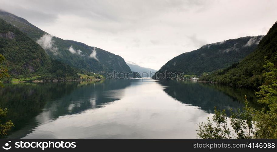 Reflection of mountains in the lake, Granvinsvatnet, Granvin, Hordaland County, Norway