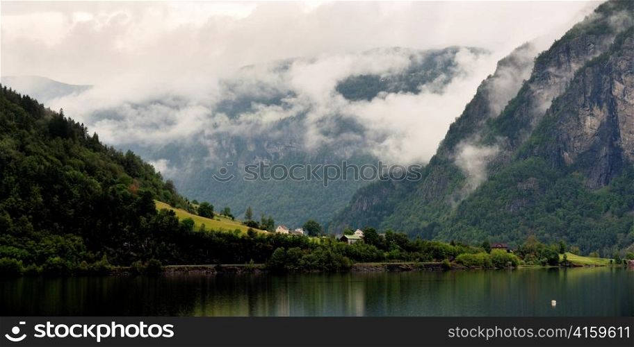Reflection of mountains on water, Granvinsvatnet, Granvin, Hordaland County, Norway