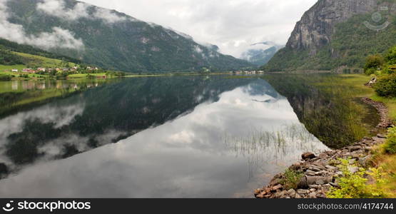 Reflection of mountains on water, Granvinsvatnet, Granvin, Hordaland County, Norway