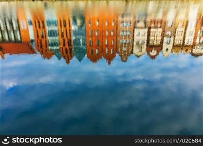 Reflection of Old Town buildings in Gdansk in Motlawa river. Poland. Travel destinations.. Reflection of Old Town buildings in Motlawa river.