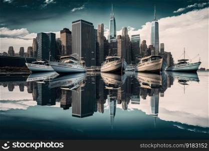 reflection of skyscrapers on the water, with boats in the foreground, created with generative ai. reflection of skyscrapers on the water, with boats in the foreground