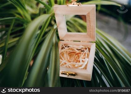 Reflection of the bride and groom in the mirror of wooden box with golden wedding rings which stands on the grass. Reflection of the bride and groom in the mirror of wooden box with golden wedding rings which stands on the grass.